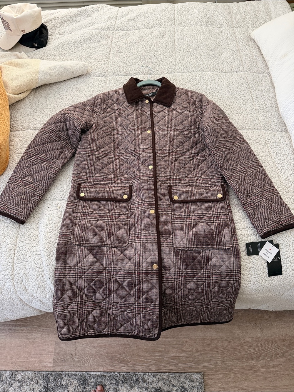 Lauren Ralph Lauren Quilted Plaid Puffer Coat in Brown